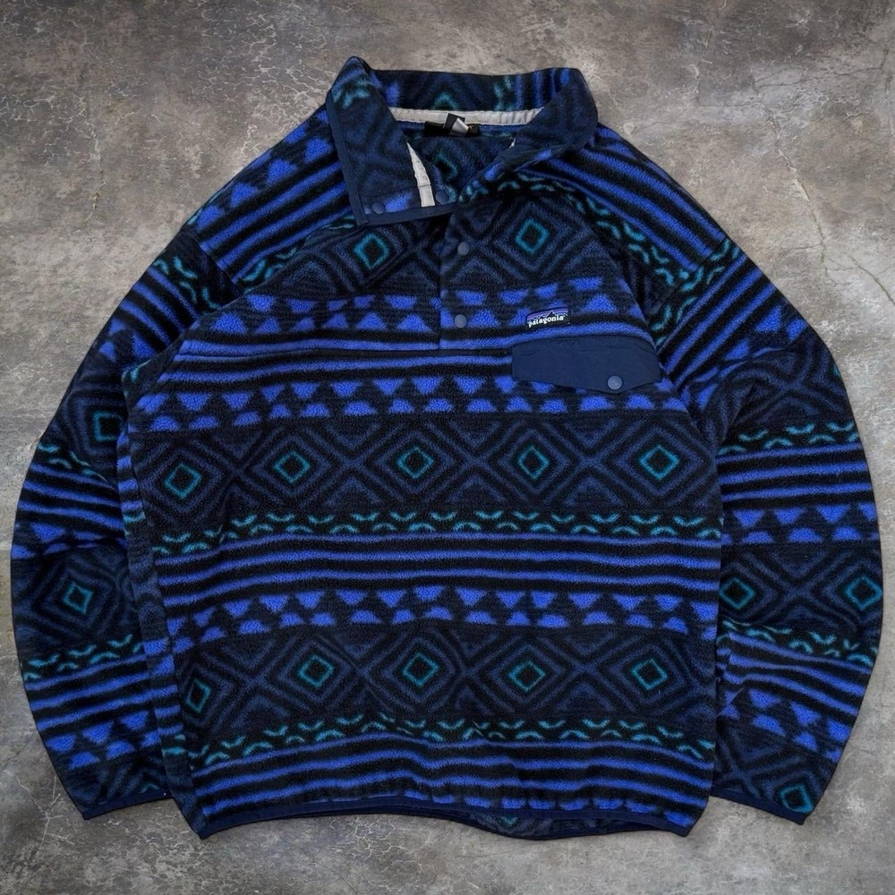 Patagonia Saltillo Synchilla Snap T Blue Geometric Fleece Sweater Men's Large - Picture 1 of 4